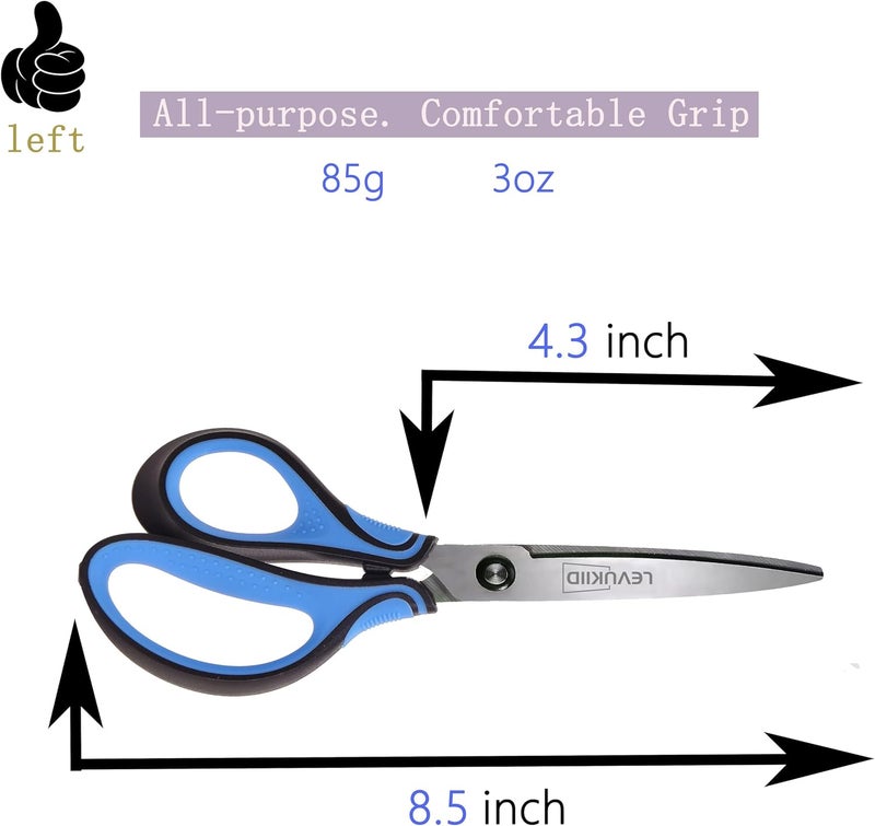 LEVUKIID 8.5 Inch Left Handed Scissors for Left Handed Supplies & Gifts, 3-Color Comfort Grip,Sharp Pointed Tip for Precise Control,Ideal for Adult, Office, Craft, Fabric, Kitchen, School. - Image 2